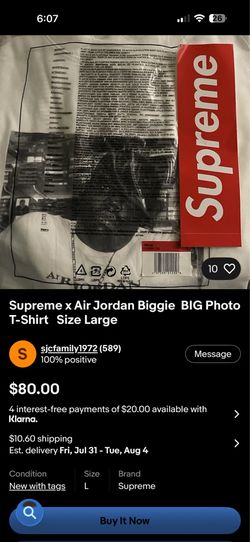Men's Supreme × Jordan The Notorious B.I.G. Biggie White T-Shirt medium