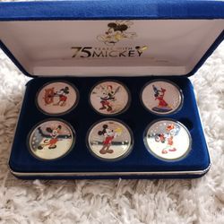 Disney 75 Years w/ Mickey Mouse Set of 6 Silver Medallions 999 Silver Rounds