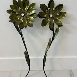 3D Flowers Metal Wall Art Decor Set of 2 Rhinestone Green