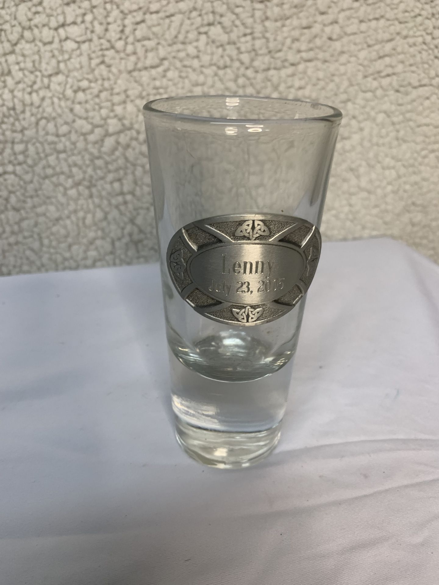 Extra Large Shot Glass with a pewter placard  "Lenny July 23, 2010"