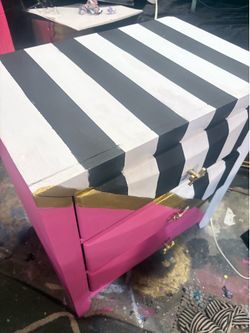 Pink and striped nightstand with new gold hardware