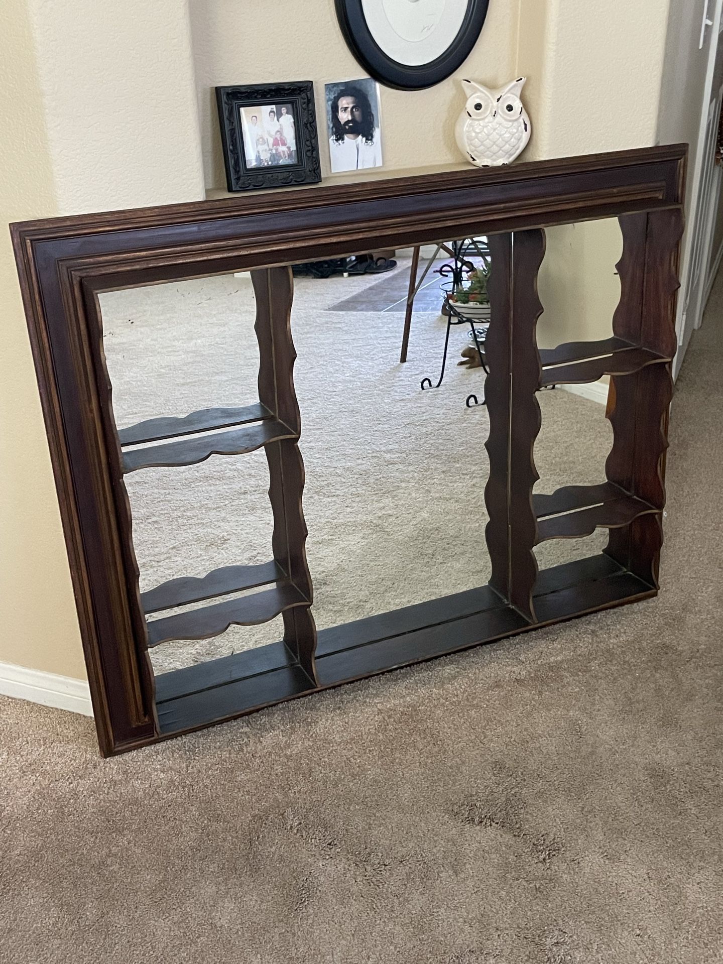 Antique Dark Scalloped Wood FrameMirror Backed Hanging Wall Display Shelf - Shelves - Case - Unit