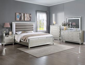Bedroom set 4 pc Champagne silver finish, LED Light in Headboard and Mirror. New Especial price