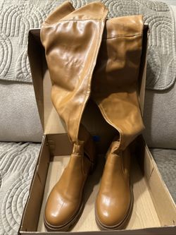 JustFab Women's Flat Boots Jordane Sole Over The Knee Faux Leather Camel Sz 8.5