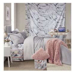 Mainstays 12 Piece Dorm in a Bag Complete Grey Marble Bedding Set with Bonus Blanket and Storage Set, Full