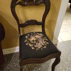 Antique Mid-Victorian Balloon Back Needlepoint/crewel Black Chair