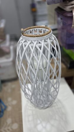 White Wicker Lanterns with Glass Candle Holders (Pair)