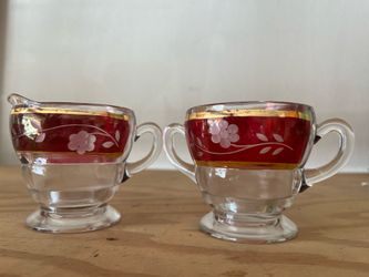 Vintage Glass Creamer and Sugar Bowl Set Red and Gold Floral