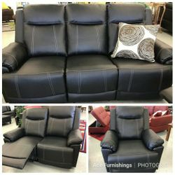 Brand New Black Leather Baseball Stitched Reclining Sofa Loveseat & Chair 