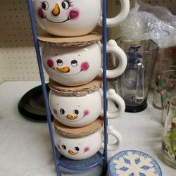 New Snowman Coffee Mug Rack And Coaster Set