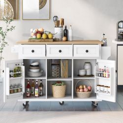 Kitchen Cart with Rubber wood Drop-Leaf Countertop ,Cabinet door internal storage racks,Kitchen Island on 5 Wheels with Storage Cabinet and 3 Drawers 