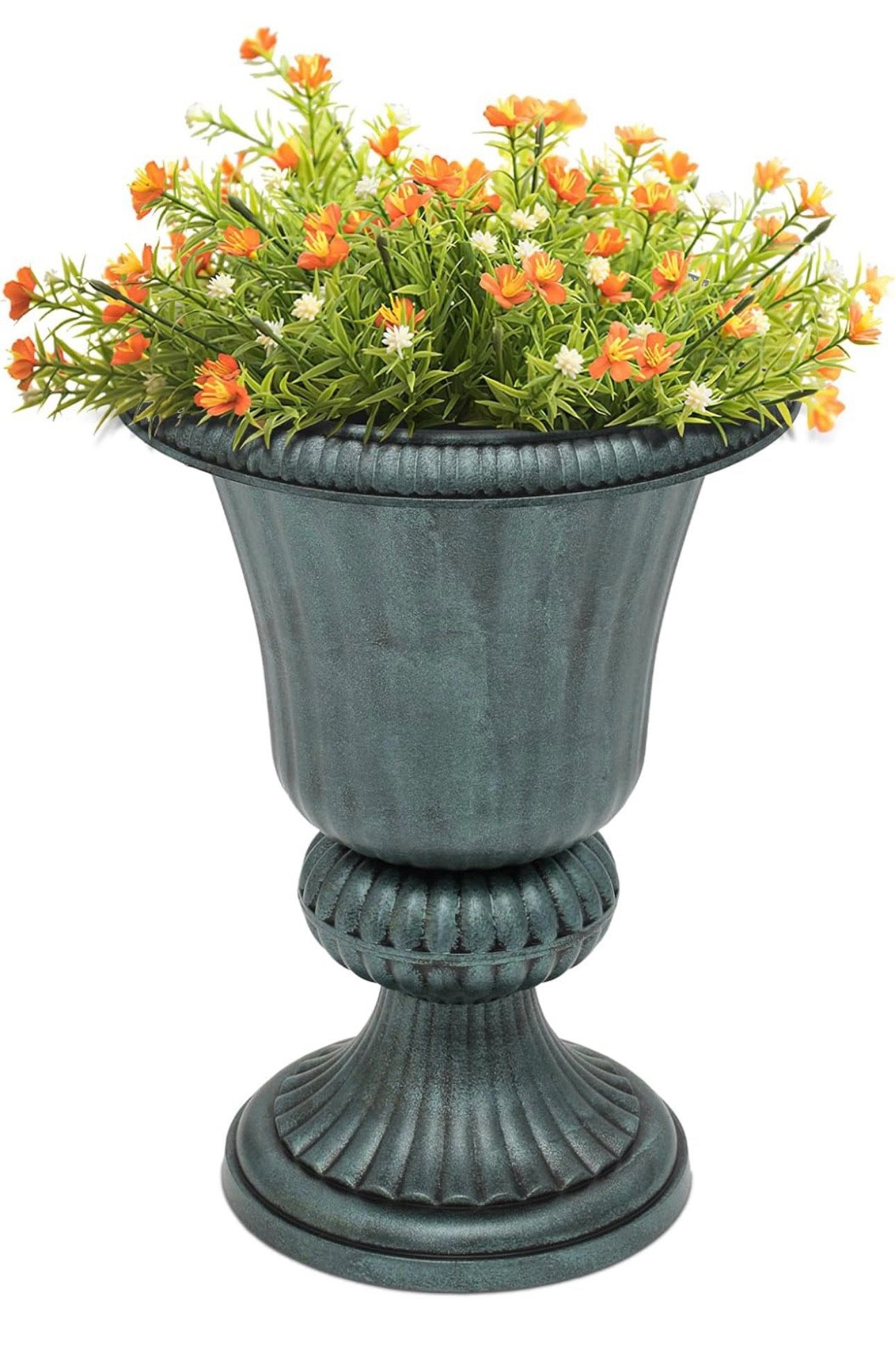 20-Inch Plastic Urn Planter Vase for Outdoor Indoor Plants Garden Patio Vintage Decorative Wedding Pedestal Roman Flower Pot Decoration Retro Home Fro