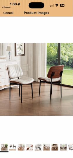 New in box Dining Chairs Set of 2, Mid-Century Modern Kitchen Chairs, Off-White Walnut Bentwood Back, Upholstered Seat, Metal Legs, PU Leather, Shell
