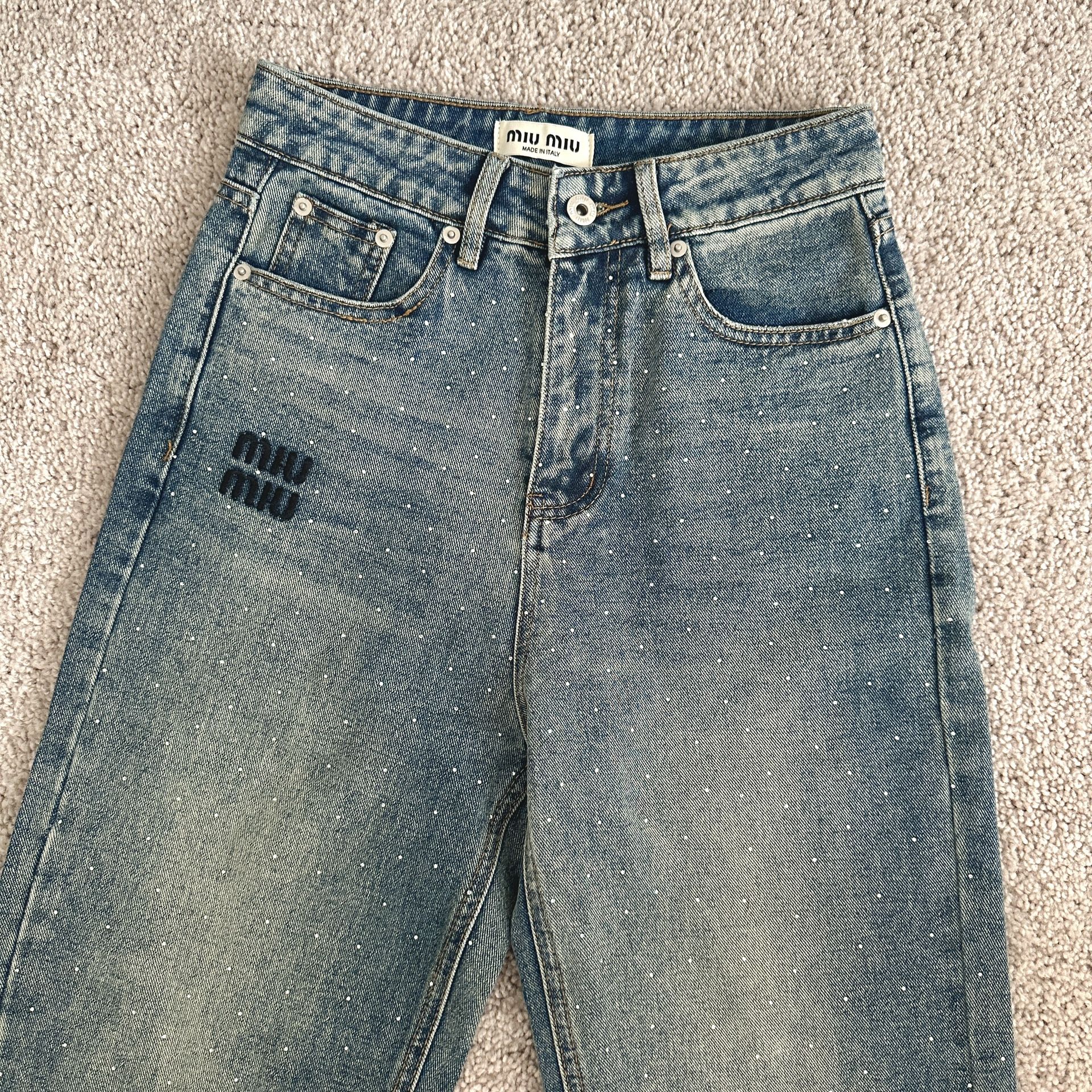 MiuMiu Rhinestone Jean Straight Leg Embroidered Logo Jeans