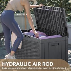 New 100 Gallon Large Deck Box Waterproof Resin Outdoor Storage Deck Box for Patio Furniture, Garden Tools, Pool Accessories and Toys (black)  New in b