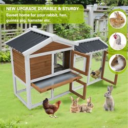 58" Wooden Outdoor Indoor Roof Waterproof Bunny Hutch Rabbit Cage Guinea Pig Coop PET House for Small to Medium Animals with Stairs and Cleaning Tray