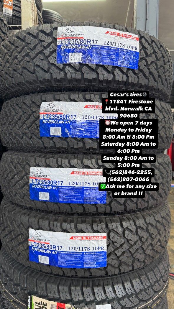 LT235/80R17 ATLANDER AT A SET OF FOUR NEW TIRES, INCLUDES MOUNTING AND BALANCING WITH WARRANTY, ASK ME FOR ANY SIZE OR BRAND, WE HAVE THE BEST PRICES