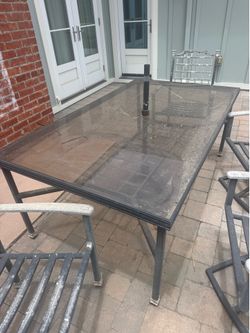 Patio Dining Set – Glass Table + 6 Swivel Chairs