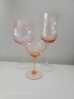 Set of Three Vintage Pink Glass Stemware Pieces Likely Floral-Etched (1930s -era Depression Glass
