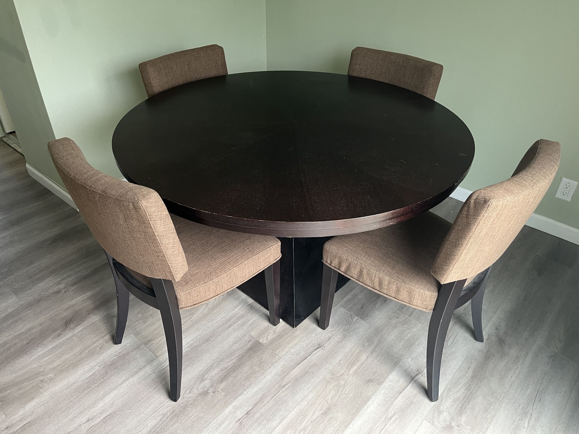 Modern Espresso Round Dining Table + 5 Upholstered Chairs