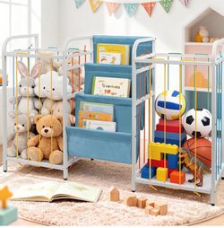 White Dual Side Toy Storage & 3-Tier Blue Bookshelf, Toy Bins Organizer & Bookcase - Retail $100
