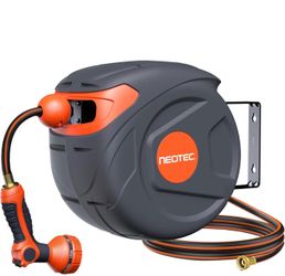 New Retractable Garden Hose Reel 1/2 inch x 49ft 9 Pattern Nozzle Wall-Mounted Any Length Lock Auto new in box $55