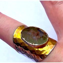 7.5 7.75 8 Moss Agate Gem Gemstone Fine Art Ring Solid Metal Plated Gold Filled Hammered UNISEX MEN WOMEN Oval Cabochon
