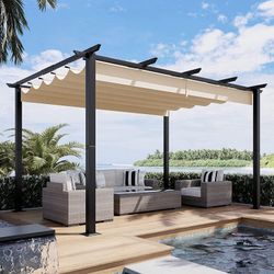 10' X 13' Outdoor Retractable Pergola with Sun Shade Canopy Patio Metal Shelter for Garden Porch Beach Pavilion Grill Gazebo Modern Yard Grape Trellis