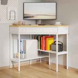 360° Rotating Corner Desk with Pull-Out Keyboard Tray – Small Space L-Shaped Computer Desk White & Oak