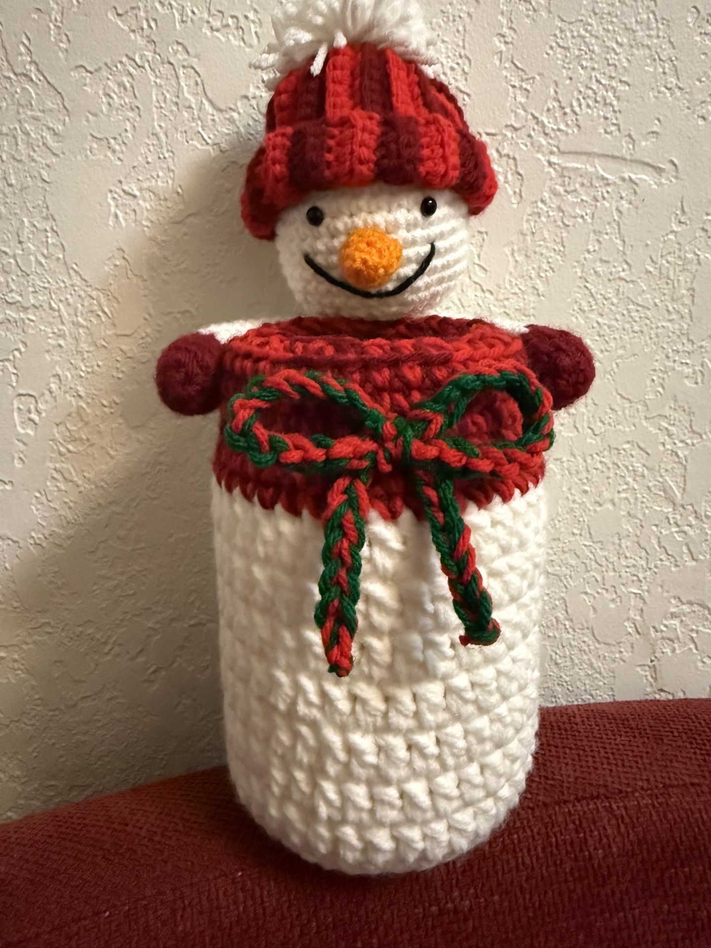 Crocheted Handmade Snowman Candy Jar (Glass Jar)