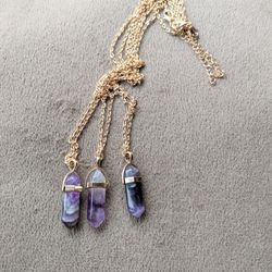 Purple Amethyst Crystal Stone Pillar Gold Necklace