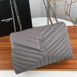 Saint Laurent YSL Silver Logo Shoulder Bag Women's Grey Large Size 32 X 22 X 12cm