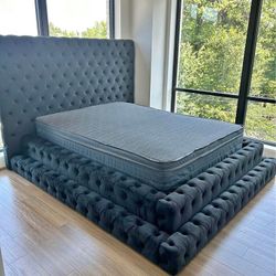 ♥️ New Black Upholstered Platform Step Bed Frame King & Queen | Luxury Modern Bed • Opt Mattress | Pay After Delivery 🚚