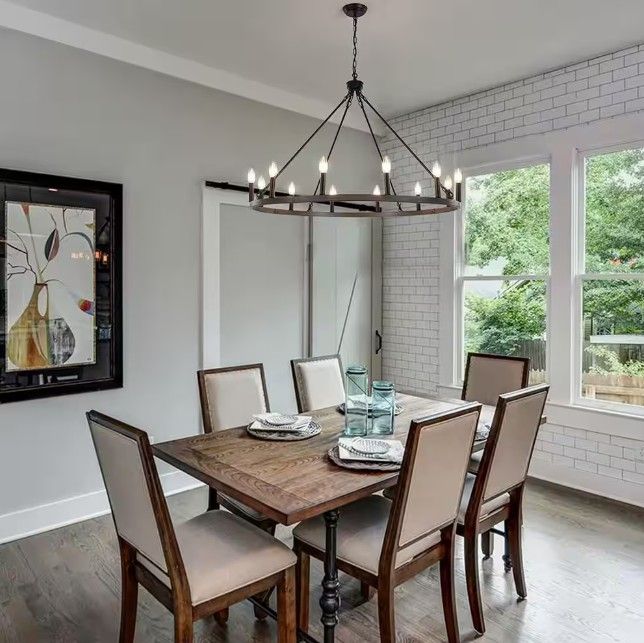 3043, 12-Light Black/Brown Farmhouse Candle Dimmable Wagon Wheel Chandelier for Living Room Kitchen Island Dining Foyer