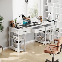 Office Small Computer Desk: Home Table with Fabric Drawers & Storage Shelves, Modern Writing Desk, White, 48"x16"