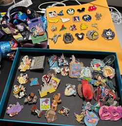 65 Authentic Disney Pins and 4 Used Lanyards