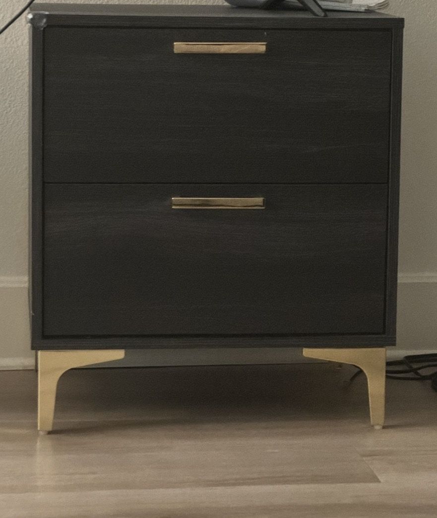 Modern Black Nightstands (Set of 2) – Gold Hardware/Legs, 2 Drawers