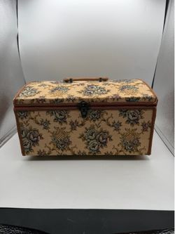 Vintage Floral Tapestry and Wood Sewing Box With Wood Handle Satin Lined