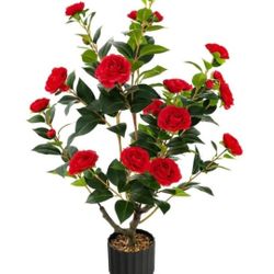 38 Inch Artificial Camellia Tree Faux Flower Plant in Cement Pot-Red.

New in box