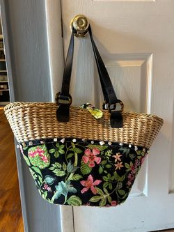Vera Bradley Woven Straw Tote Bag with Floral Fabric