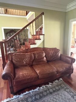 Oversized Saddle Leather 3-Seat Sofa w/ Nailhead Trim