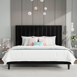 O507 $140  Queen Bed Frame/Velvet Upholstered Platform Bed Frame with Headboard/Strong Wood Slats Support/Mattress Foundation/No Box Spring Needed - B