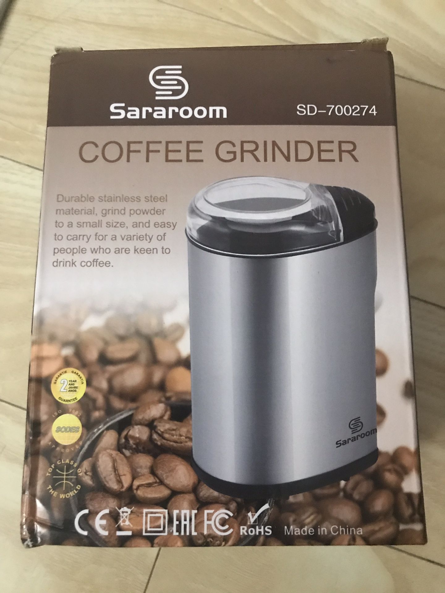 Electric Coffee Grinder, Sararoom Coffee Bean and Spice Grinder Mill 110V Low Noise DC Motor with Stainless Steel Body and Blades for Burr Spices, Co