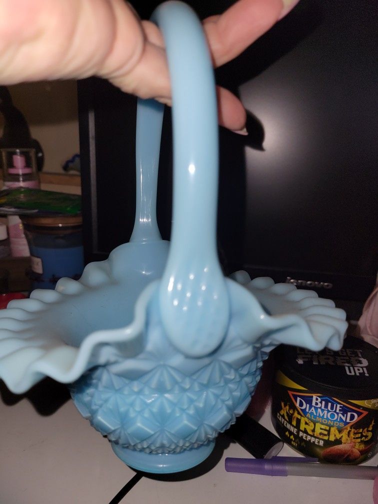 Olde Virginia Glass by Fenton Light Blue Milk Glass Cut and Block Basket