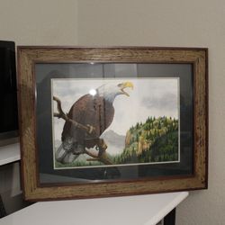 Original Signed Large Eagle Watercolor Painting Framed 30.25x23.5
