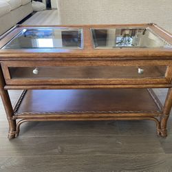 Mid Century Rattan & Glass Coffee Table