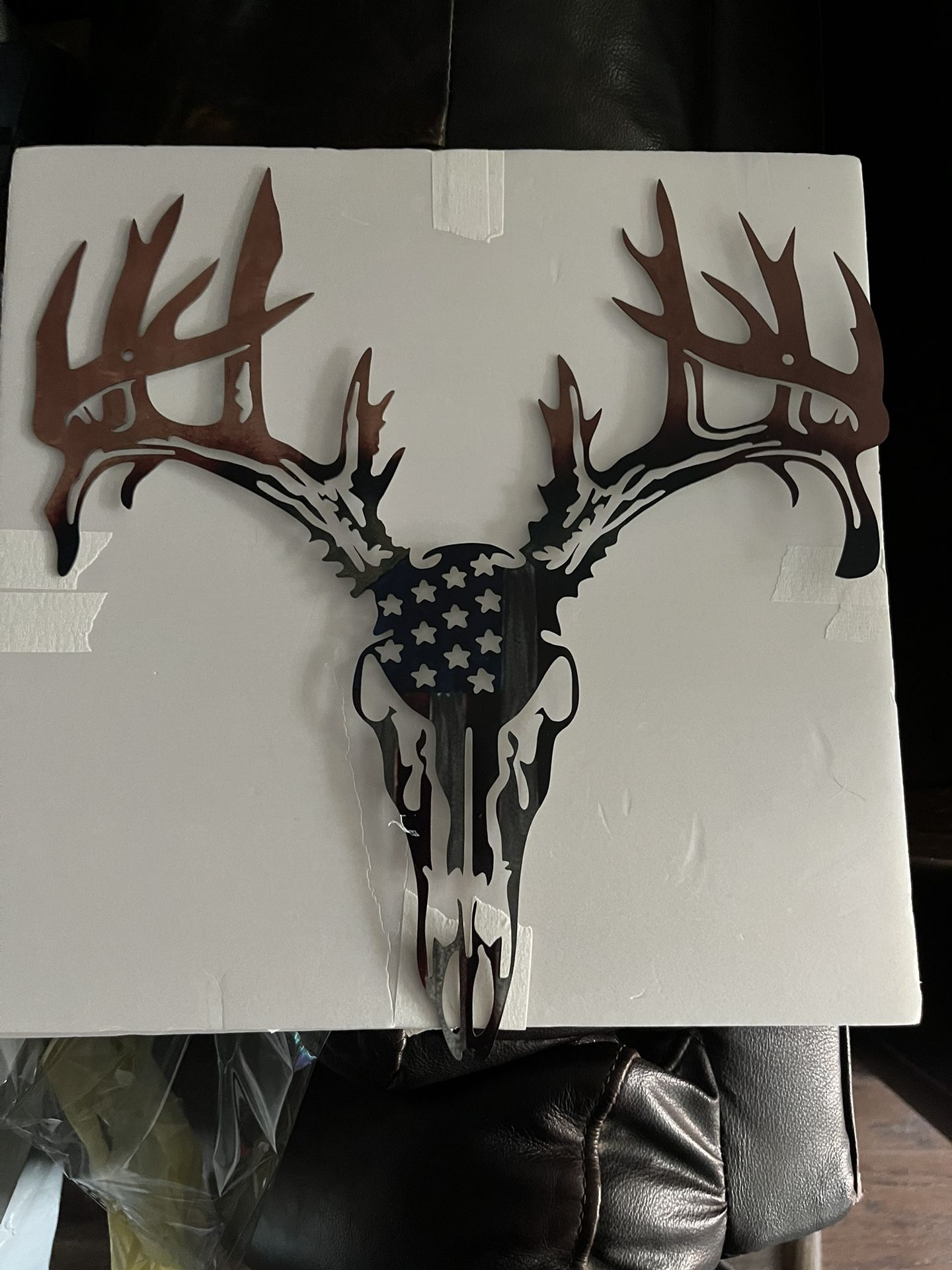 Metal Buck Skull Cutout With American Flag Inlay