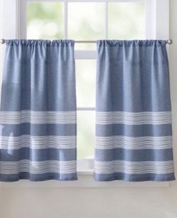 Set of 2 Pairs: Curtainworks Kitchen Curtain Tier Set - Blue and White Striped - 2 Piece - 28" x 36"