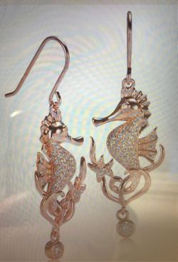 Pink gold plated sterling silver pave cz seahorse hook earring