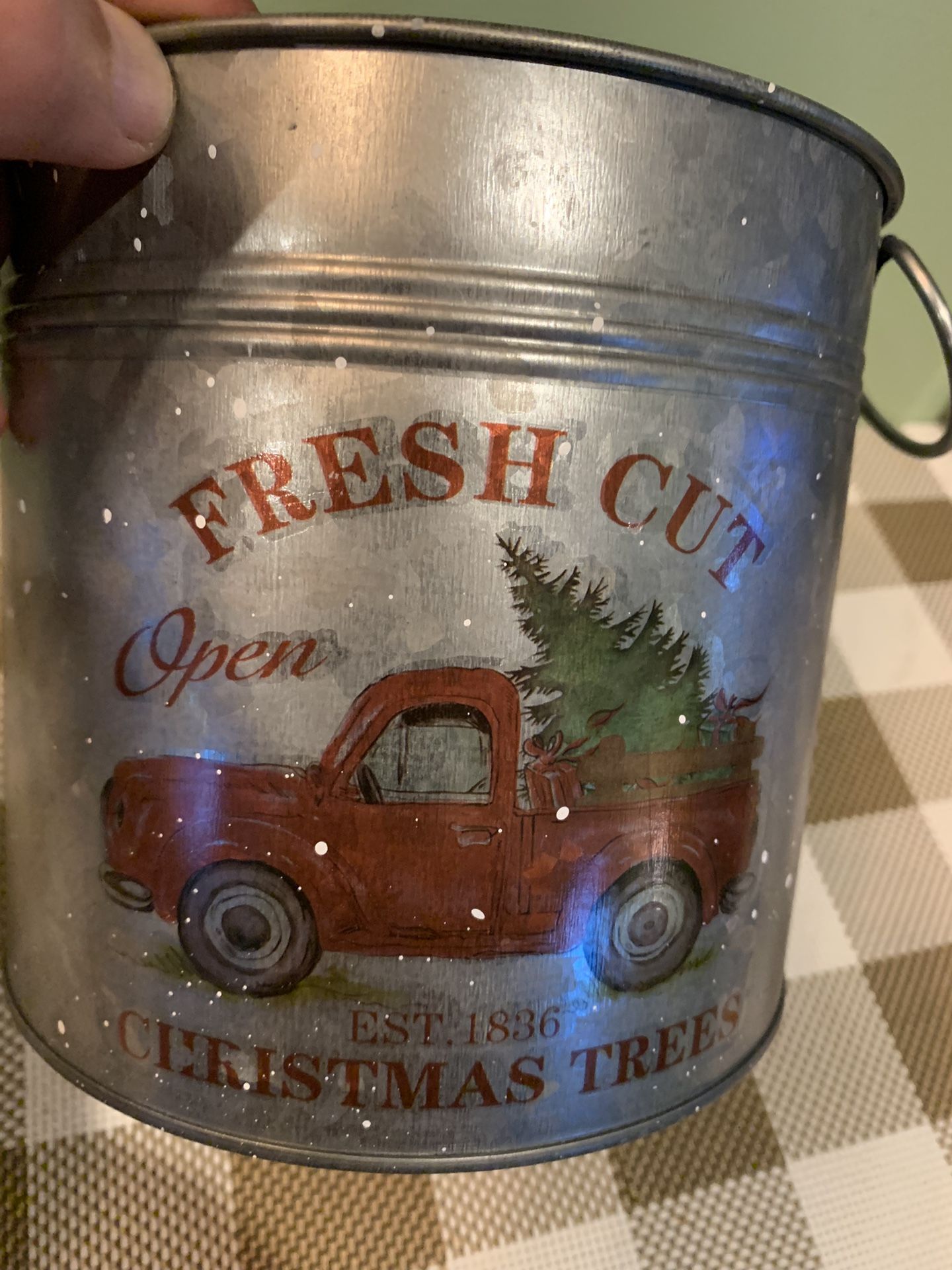 Large Galvanized Metal Truck W/ Christmas Tree, Has Folding Medal Handles, Raised Accents, 6 Inch Wide Opening